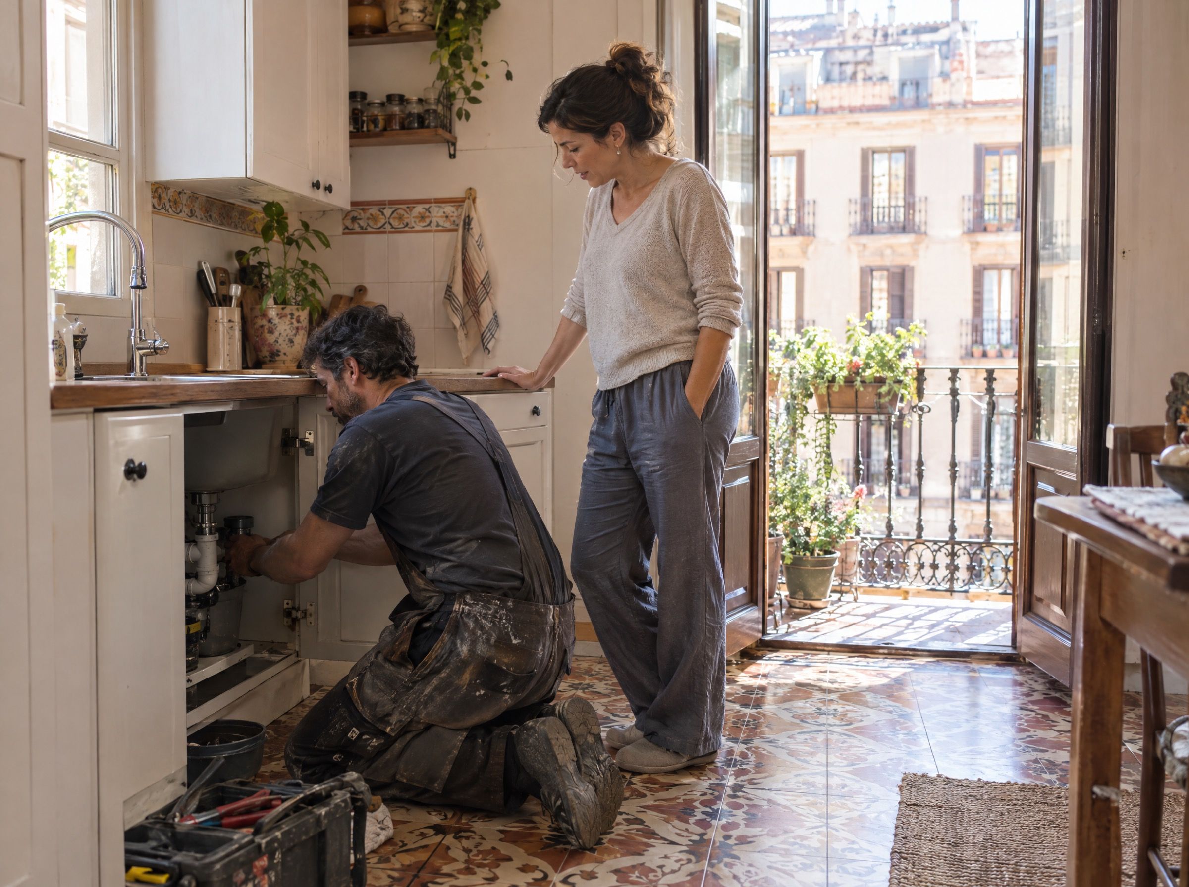 Fontanero arrodillado reparando el mueble del fregadero en una cocina de un piso de Madrid, mientras la vecina lo observa junto al balcón con barandilla de hierro forjado y luz de mañana.