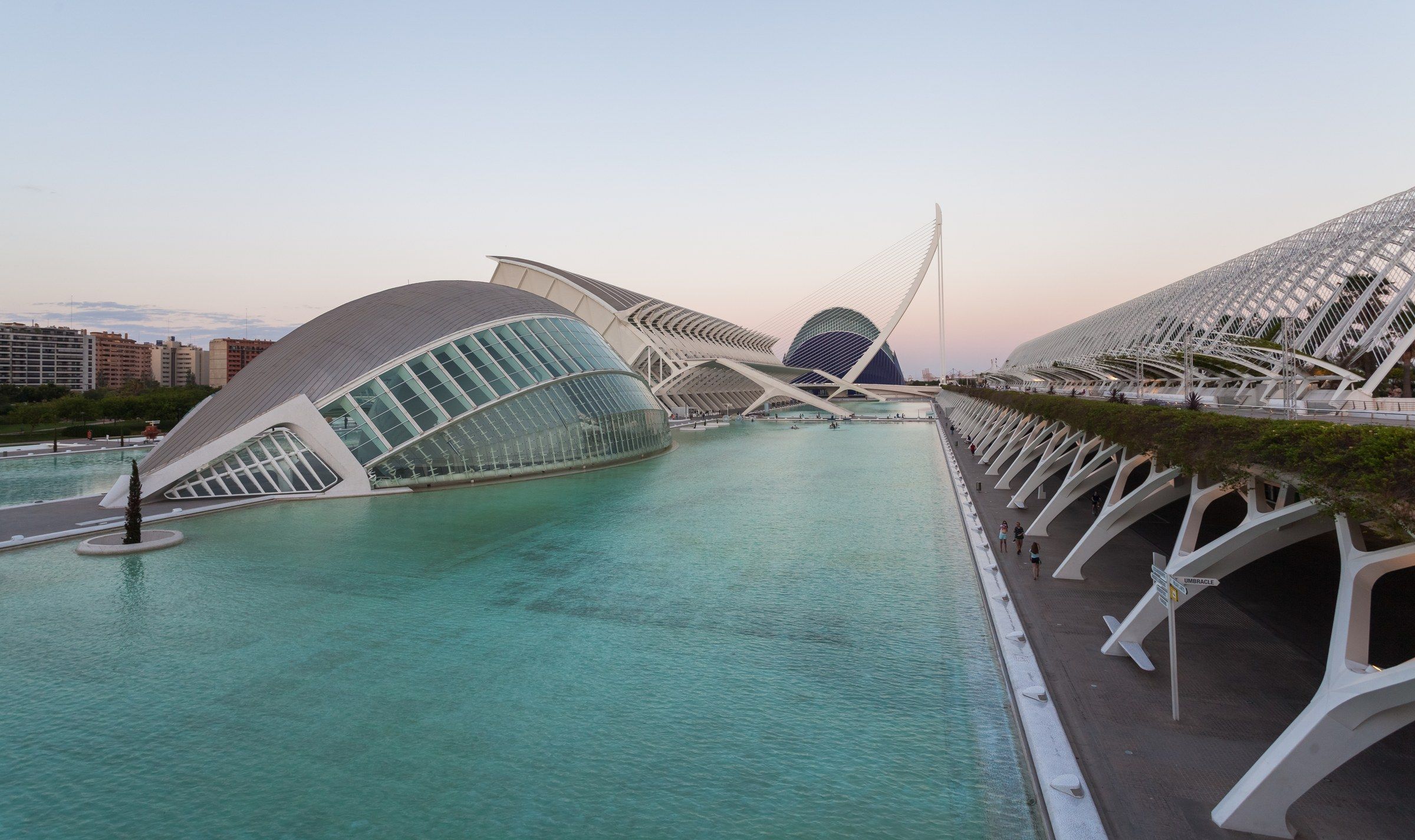 The Hemisfèric at the City of Arts and Sciences in Valencia, reflected in the water at dusk